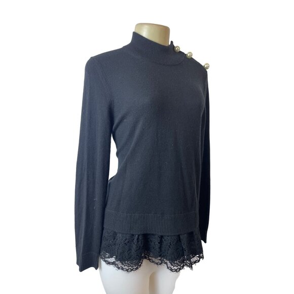 Kate Spade Broome Street Black Sweater With Lace Hem & Pearl Button Accents Sz M - Picture 1 of 6